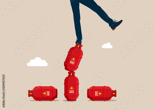 Falling from stack of unstable gas cylinders. Unstable sale of gas products, risky situation. Flat vector illustration.