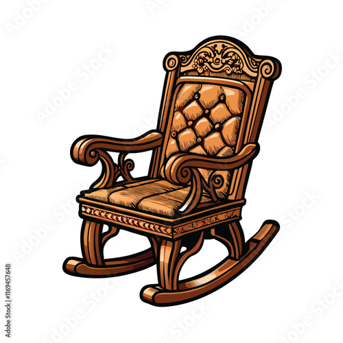 A realistic wooden rocking chair with intricate carvings and a padded seat.