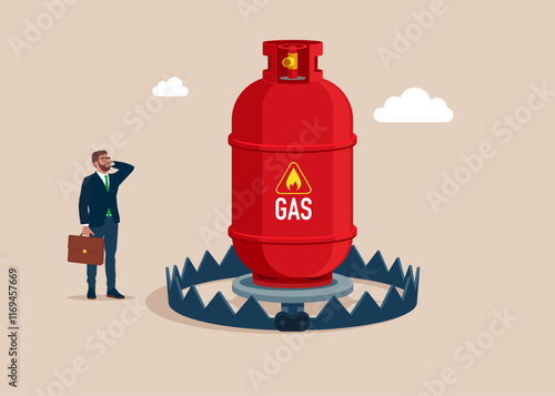 Businessman and gas cylinder above metal steel bear trap. Growth rise of gas stock prices and growth of extraction concept. Flat vector illustration