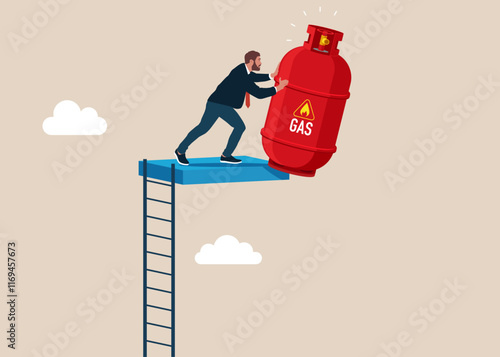 Businessman pushes gas cylinder off cliff into abyss. Modern flat vector illustration.