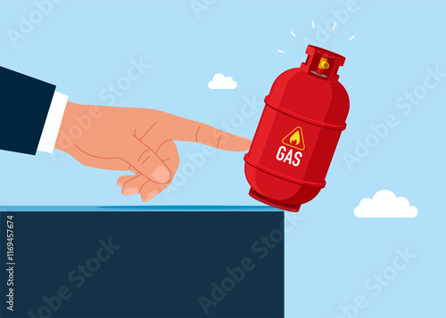 Politician hand pushes gas cylinder off cliff into abyss. Unstable sale of gas products, risky situation. Modern flat vector illustration.
