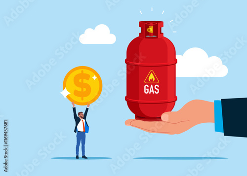 Businessman buys gas. Hand holding gas cylinder. Sale of gas products and fuels. Gas in barrel. Modern flat vector illustration.