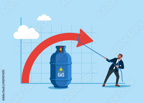 Businessman pulling the arrow down. Decline in gas prices. Limiting the rise in energy prices. Gas cylinder. Flat vector illustration.