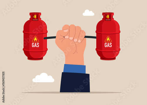 Hand  lifting carrying gas cylinders. Finance and industry. Flat vector illustration