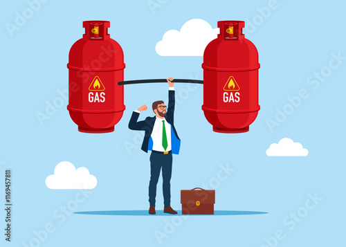 Businessman  lifting weights or carrying gas cylinder. Modern vector illustration in flat style
