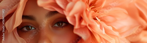 A background of blooming petals of a delicate red rose and the look of a brown-eyed girl.