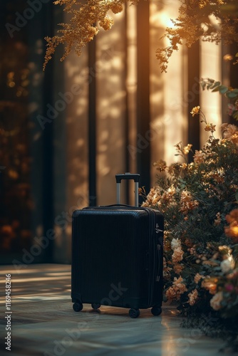 Black suitcase positioned elegantly in a luxurious hotel lobby with floral decor