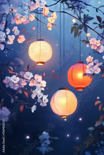 Beautiful cherry blossom branches with glowing lanterns at night