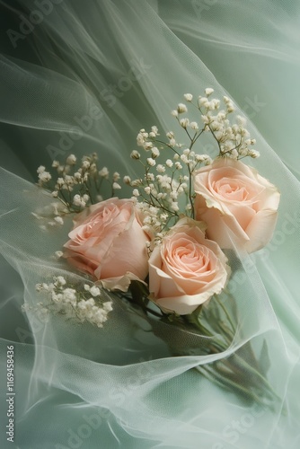 Soft pink roses and delicate baby's breath arranged beautifully on sheer fabric