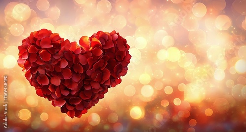 Heart-shaped arrangement of red rose petals creating a romantic atmosphere fo...
