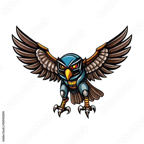 A robotic falcon with metal talons and sleek wings.