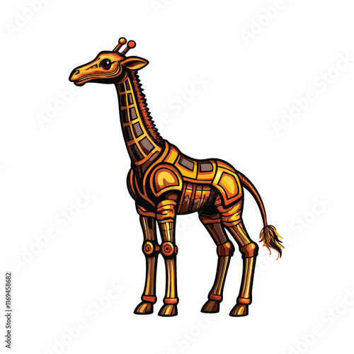A robotic giraffe with long metal legs and a flexible neck.