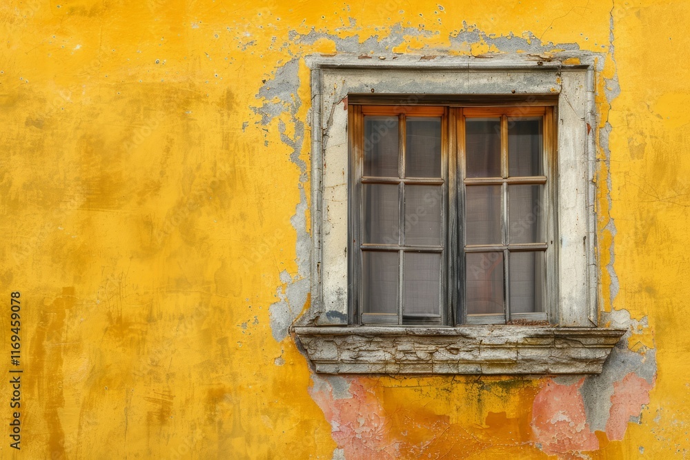Fototapeta premium Yellow concrete wall with old wooden window in european city. Detailed photo textured background