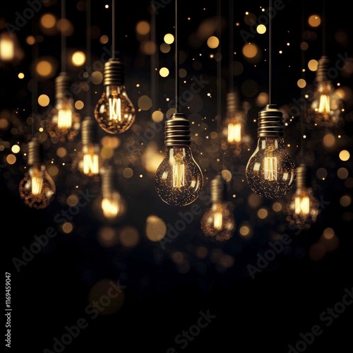 Hanging vintage light bulbs illuminating a dark background with sparkling orb...