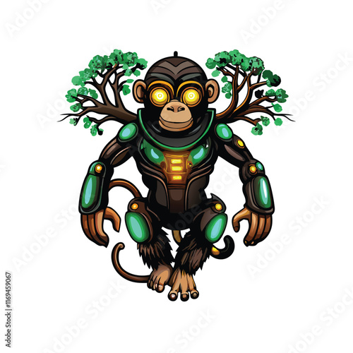 A robotic monkey with glowing sensors and mechanical parts.
