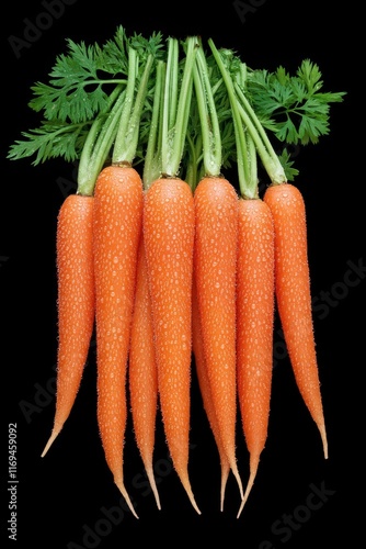 Freshly harvested carrots with green tops on a black background ready for coo...