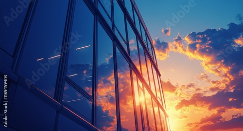 Reflections of a vibrant sunset on modern glass buildings in the cityscape