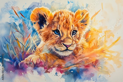 Colorful watercolor depiction of a playful lion cub in a natural setting