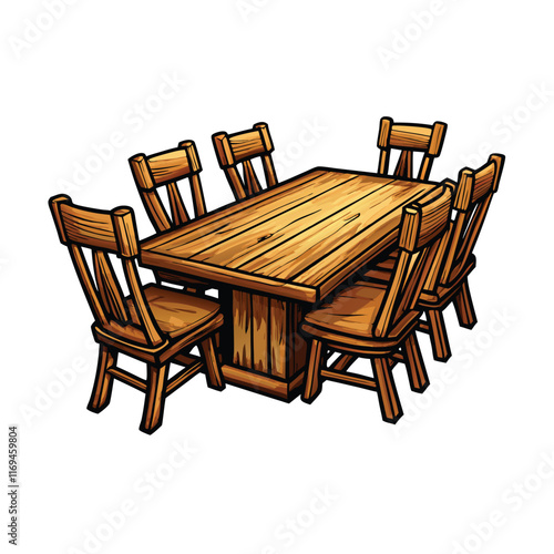 A cartoon illustration of a rustic farmhouse dining table with five chairs.