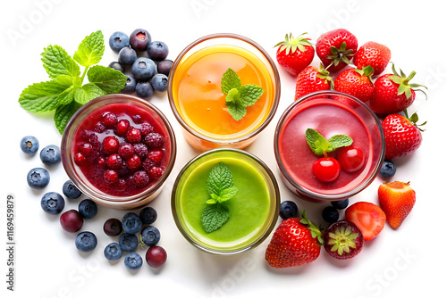 Colorful smoothies in glass jars on white background, top view
