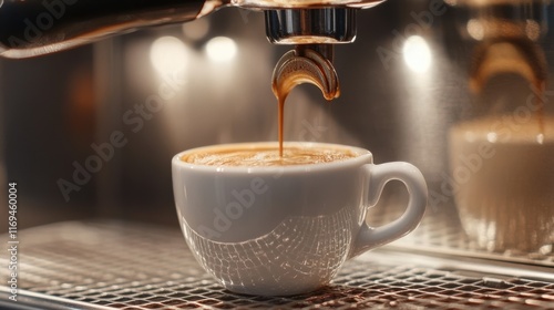 Coffee machine pouring espresso into white cup in cafeteria photo