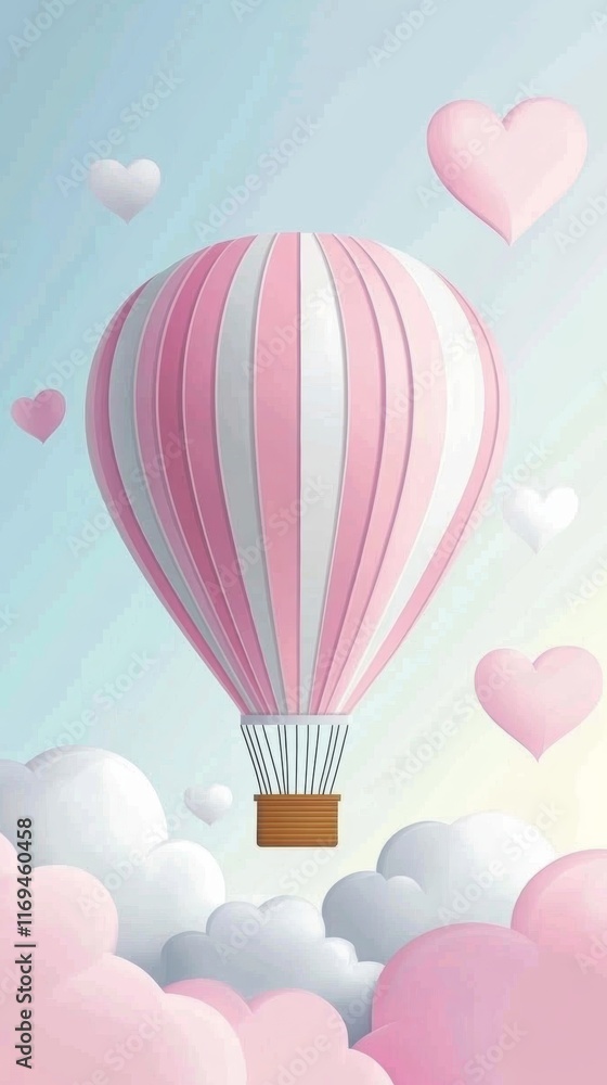 Naklejka premium Heart-shaped hot air balloon soaring above a whimsical landscape of clouds and hearts