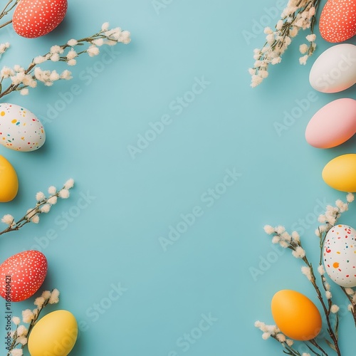 Colorful Easter eggs arranged with spring branches on a blue background