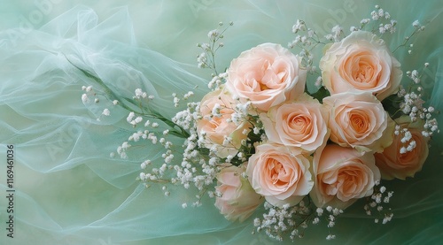 Elegant bouquet of peach roses surrounded by delicate white fillers on soft f...