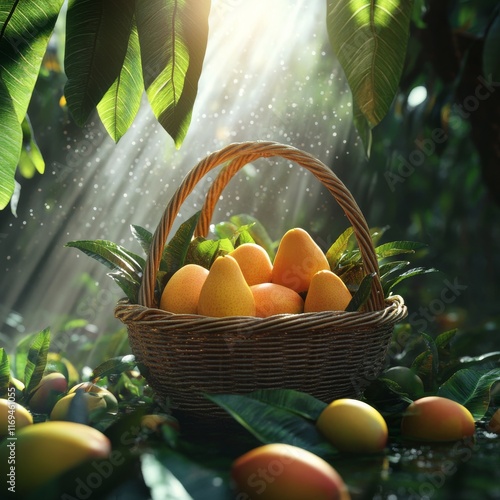 Freshly harvested ripe mangoes in a lush orchard basking in sunlight after a ...
