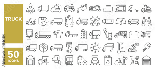 Set of 50 line icons related to truck, van, vehicle, cargo, moving, shipment, logistic, delivery, distribution, lorry, Editable stroke. Vector illustration