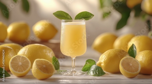Refreshing lemon juice served in a clear glass with fresh lemons and purple f...