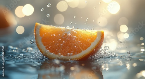 Sliced orange splashes in water creating bubbles and ripples reflecting sunli...
