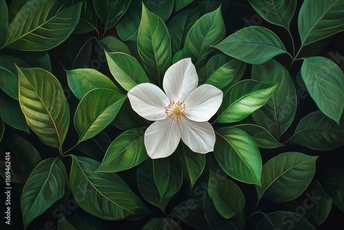 Bright white flower surrounded by dark green leaves creates a stunning natura...