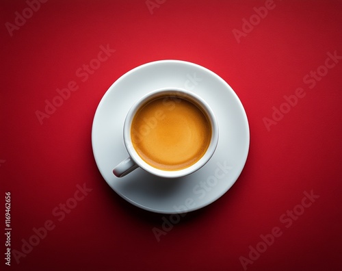 Coffee cup on white saucer against red background with rich golden beverage