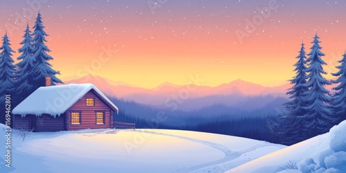 Winter Cabin Sunset Mountai...