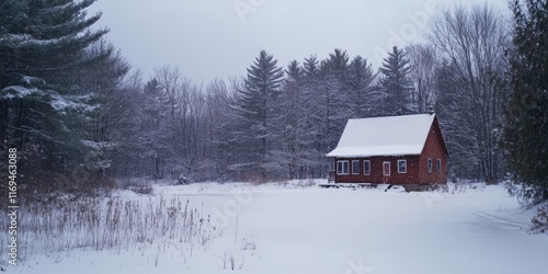 Red Cabin Snow Winter Lands...