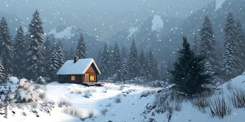 Naklejka premium Cozy Cabin Snowfall Winter Mountain Forest Scene