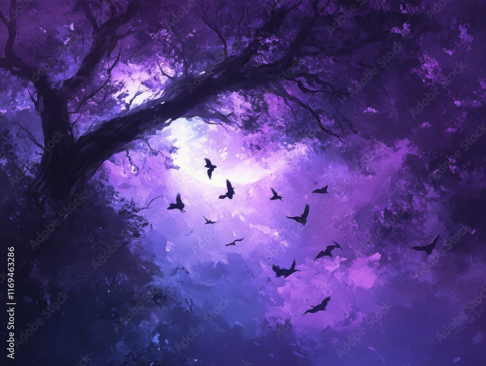 Fototapeta premium Enchanted Twilight: Birds in Purple Forest