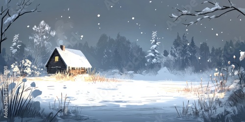 Winter Cabin Scene Snow Cov...