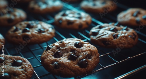 Freshly baked chocolate chip cookies cooling on a rack in a cozy kitchen