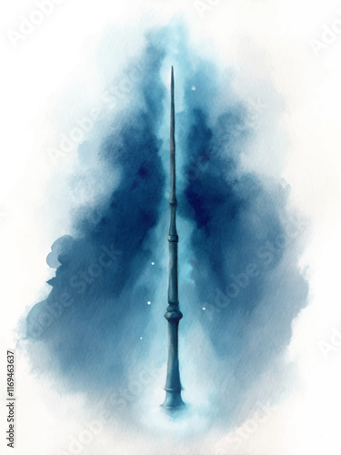 Magical wand illustration, watercolor style, mystical background, fantasy theme, artistic design, enchanting visuals.