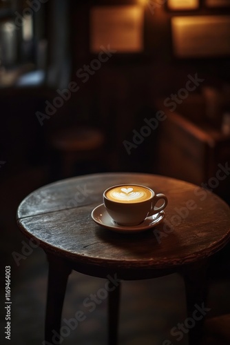 Cute coffee cup with latte art on wooden table in cozy cafe during evening hours
