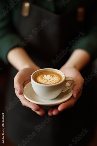Barista serving a beautifully crafted cup of coffee with latte art on a white...