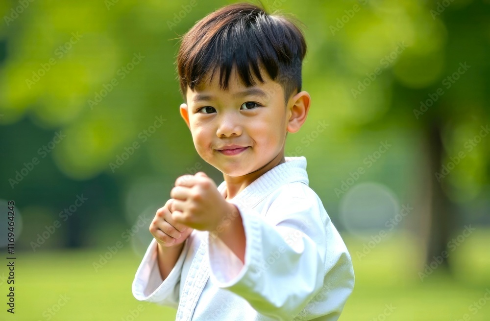 Portrait of happy asian boy in kimono, standing in a karate pose, in the park during the day, summer. Young boy smiling and practicing karate outdoors Portrait of happy asian boy in kimono, standing in a karate pose, in the park during the day, summer. Young boy smiling and practicing karate outdoors