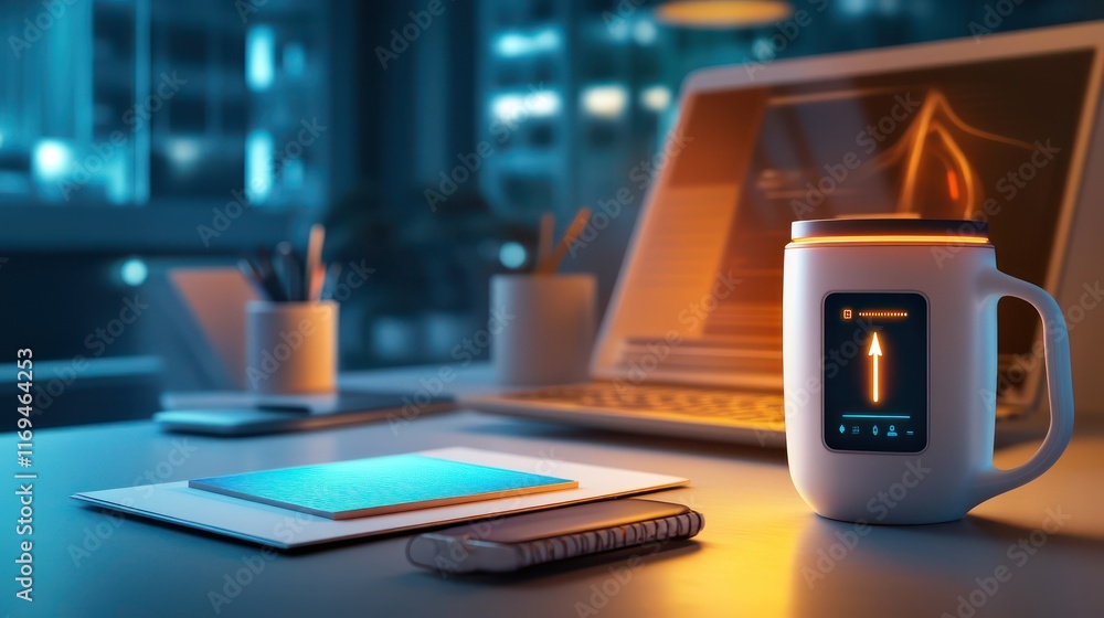 A tech-savvy workspace with a laptop, digital notepad, and a smart coffee mug with temperature-display features. A tech-savvy workspace with a laptop, digital notepad, and a smart coffee mug with temperature-display features.