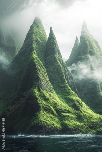 Majestic mountain peaks rise above tranquil ocean waters in a serene landscape