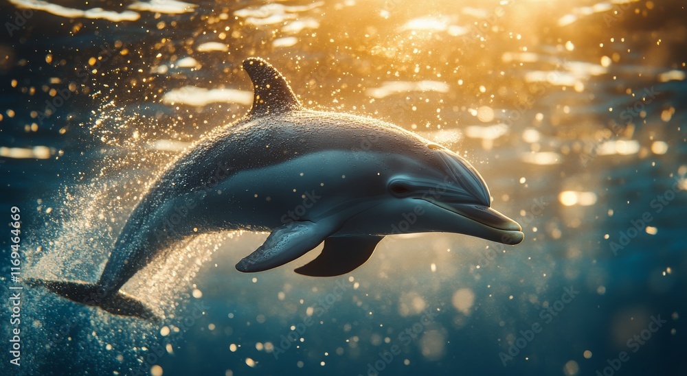 Obraz premium Dolphin swimming gracefully in clear blue water with bubbles surrounding it