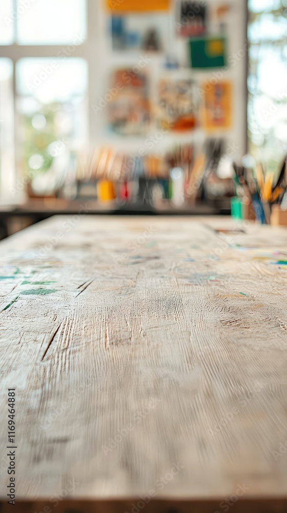 Wooden table surface in bright art studio with creative supplies Wooden table surface in bright art studio with creative supplies