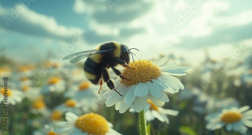 Bumblebee pollinates a flower in a vibrant meadow during a sunny day