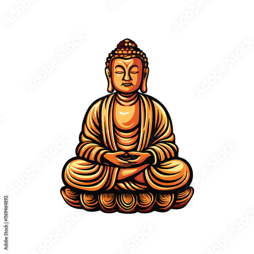 Vector rendering of a golden Buddha statue in a meditative pose.